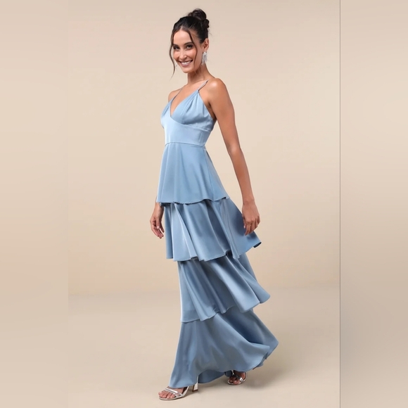 Lulus Going with Elegance Slate Blue Satin Tiered Gown Wedding Party Prom Formal - Picture 3 of 8